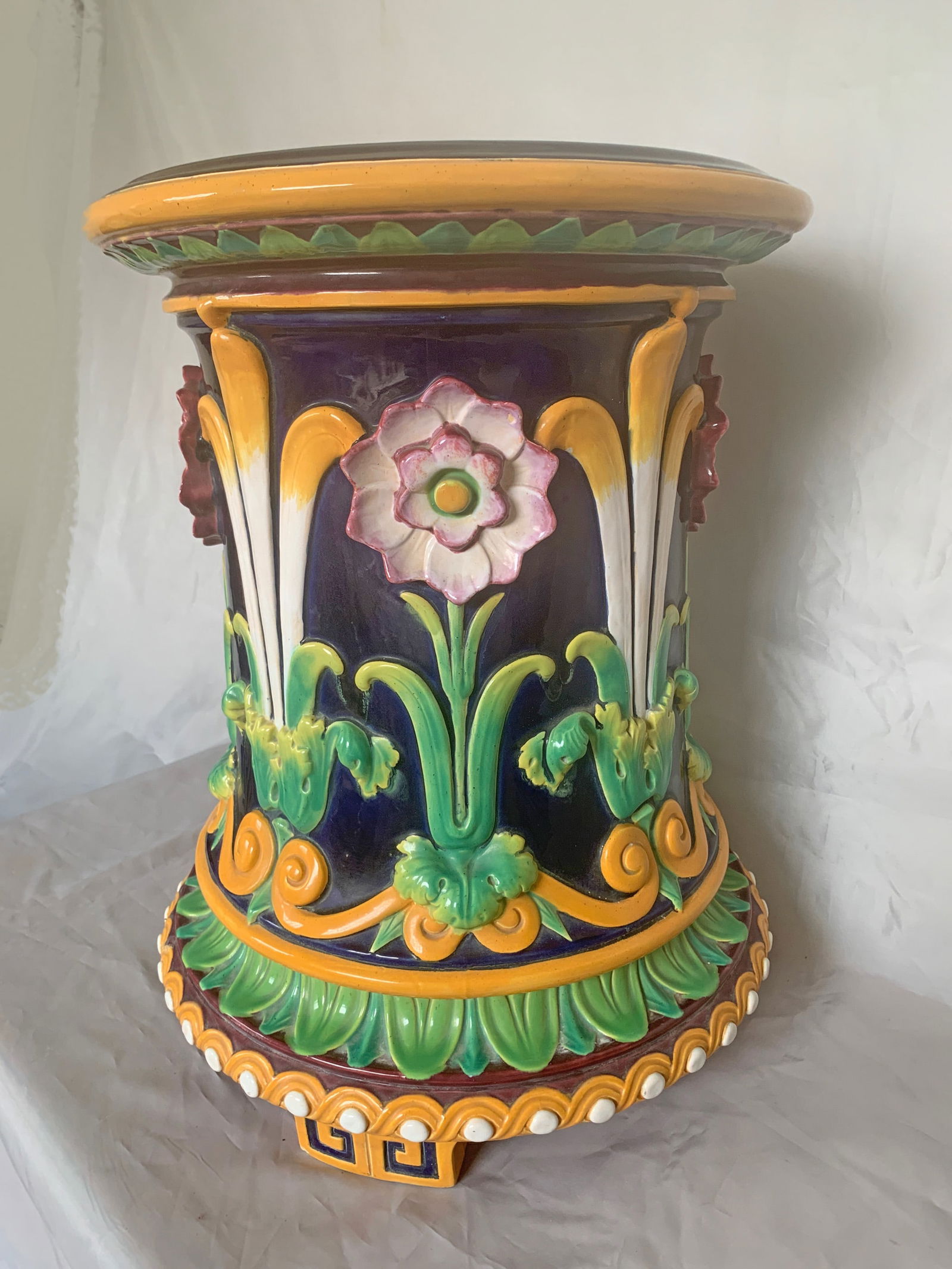 Minton majolica cobalt garden seat, (1 of 4)