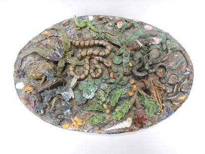 Geoffrey Luff contemporary palissy: large monumental oval plaque with snakes, frog, toad, salamander, and other creatures with vegetation, 22 1/2"x16"