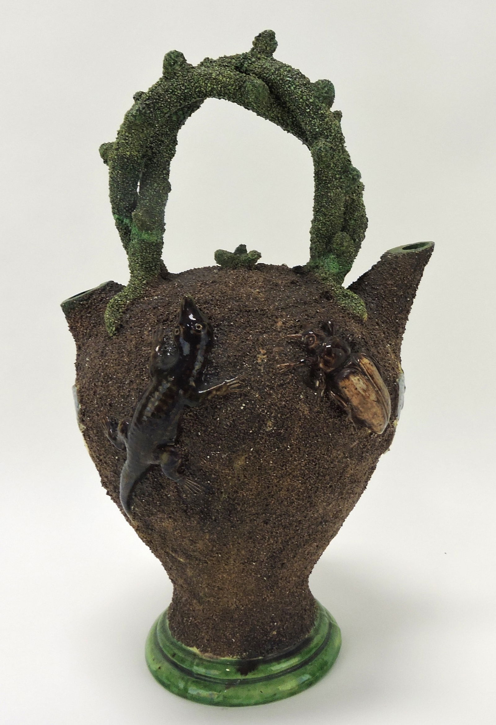 Portugal palissy majolica jug with: vine handle, salamander and beetles, 12"