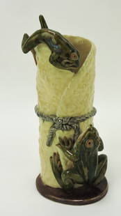 Raphael Bordalo Pinheiro majolica: vase with two frogs, 6 3/4"