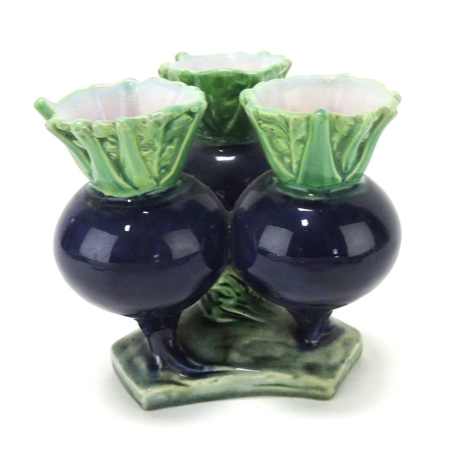 Minton majolica rare triple hole: posey vase in form of three cobalt radishes with green tops, professional repair to leaf tips, 4"