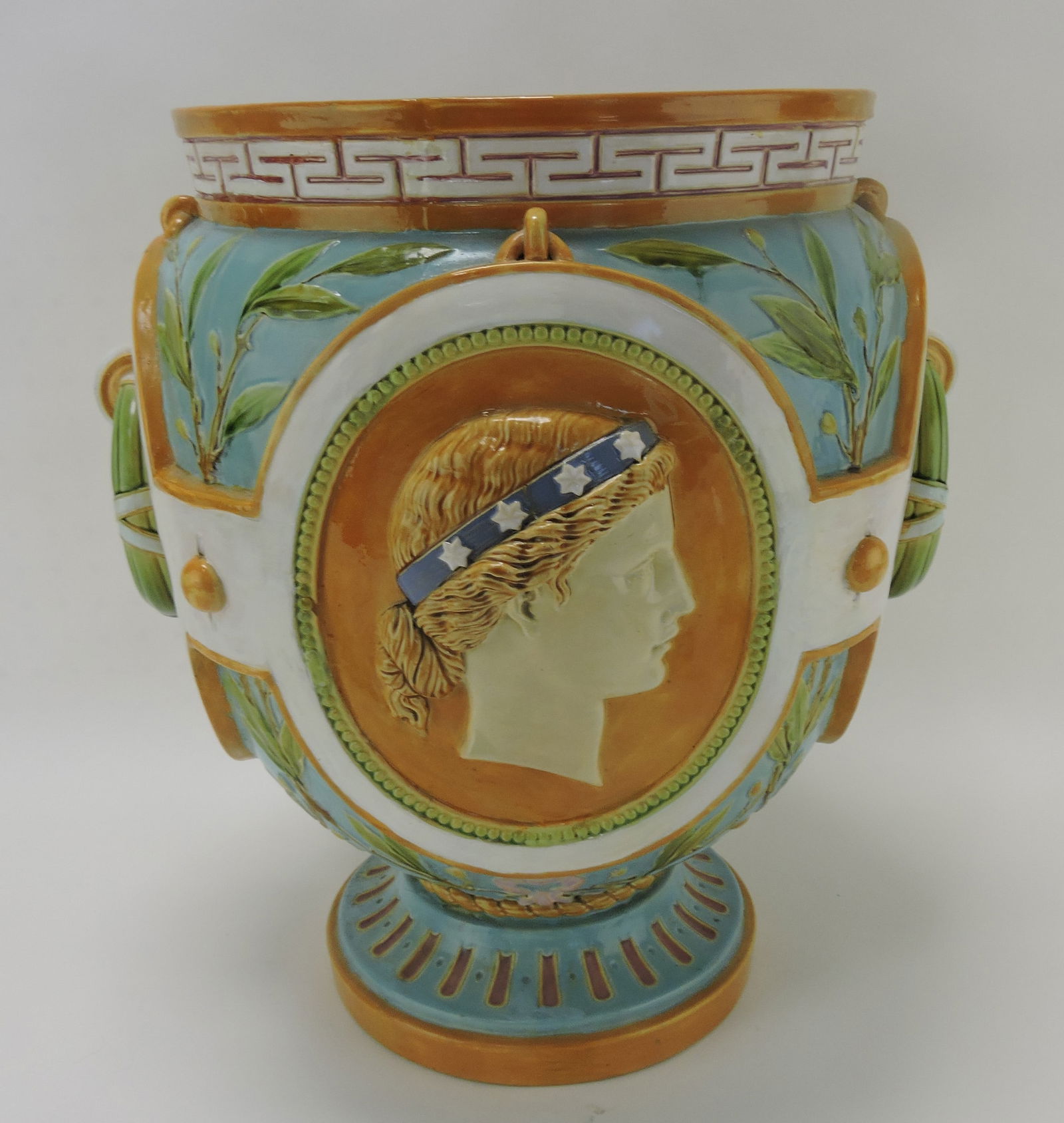 Minton majolica Continents jardiniere,: America and Africa, old repairs, 18"
