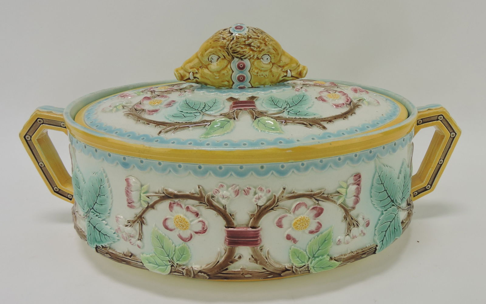 Victoria Pottery Co (VPC) rare majolica: game tureen with boar's head on cover, 14 1/2"