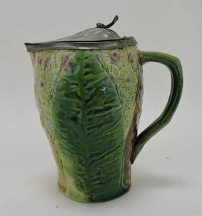 Holdcroft majolica syrup with pewter lid,: 5"