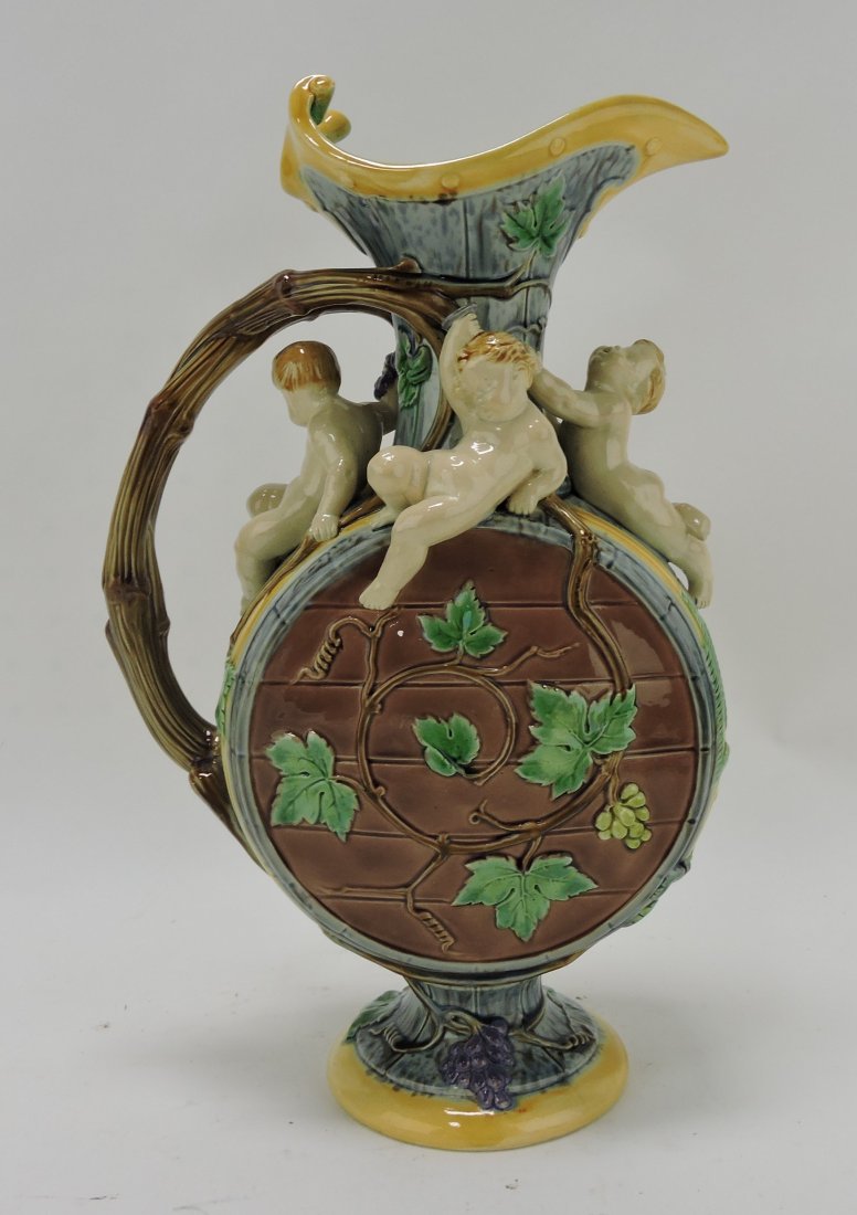 Minton Hughs Protat majolica wine ewer: with cherubs, 15", professional spout repair