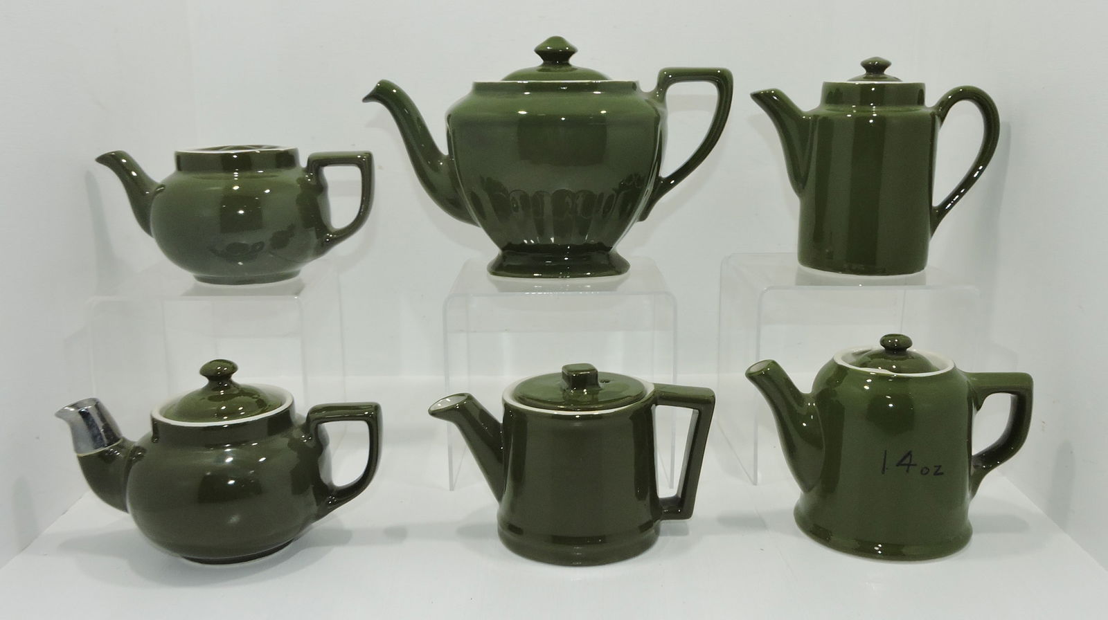 Hall China lot of 6 green teapots: .
