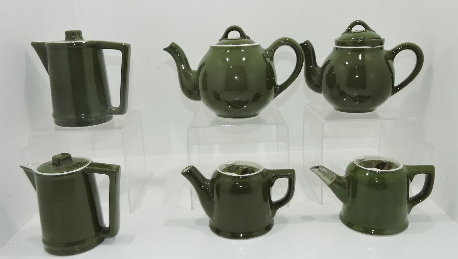 Hall China lot of 6 green teapots: .