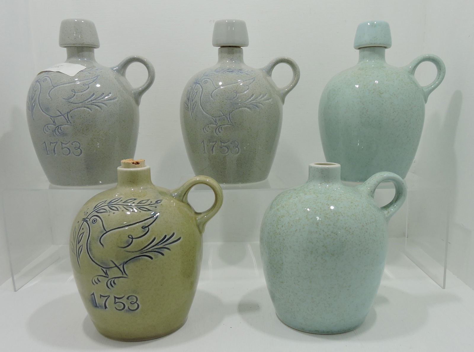 Hall China lot of 5 jugs, 3 with stoppers (1 of 1)