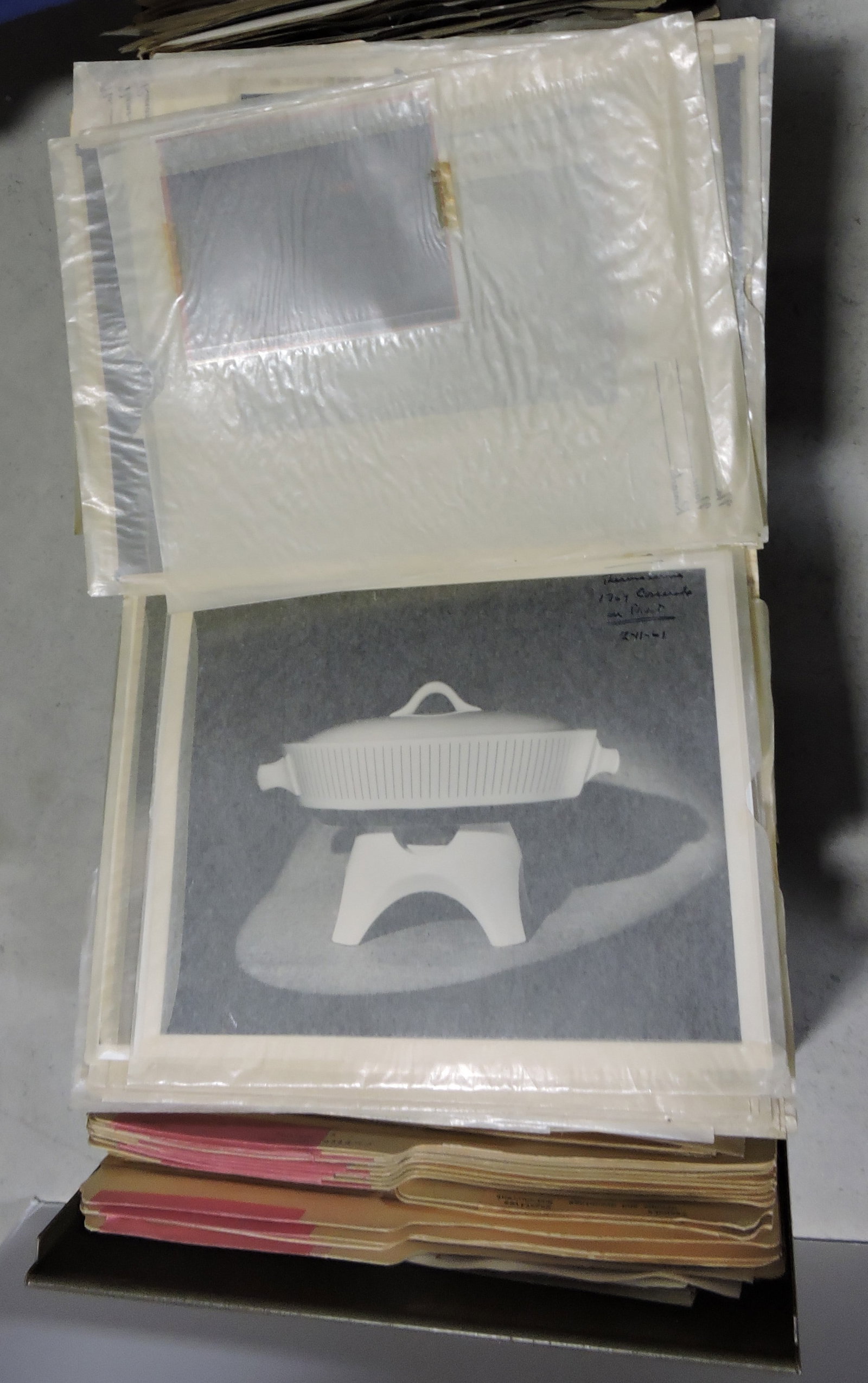 Hall China file drawer with files of: photos, drawings, and more of assorted pieces and ephemera