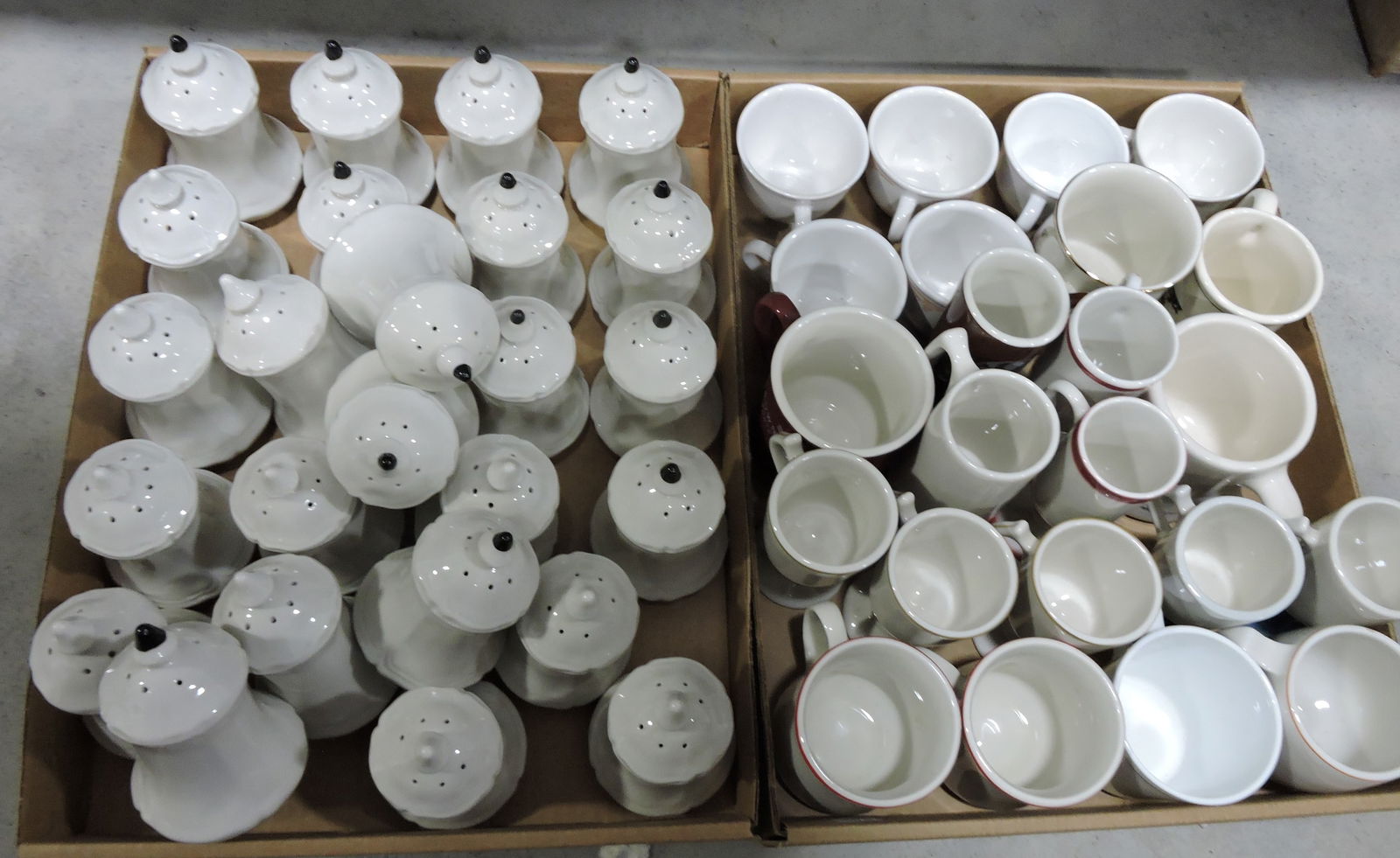 Hall China lot of 2 box lots of shakers,: mugs, and cups