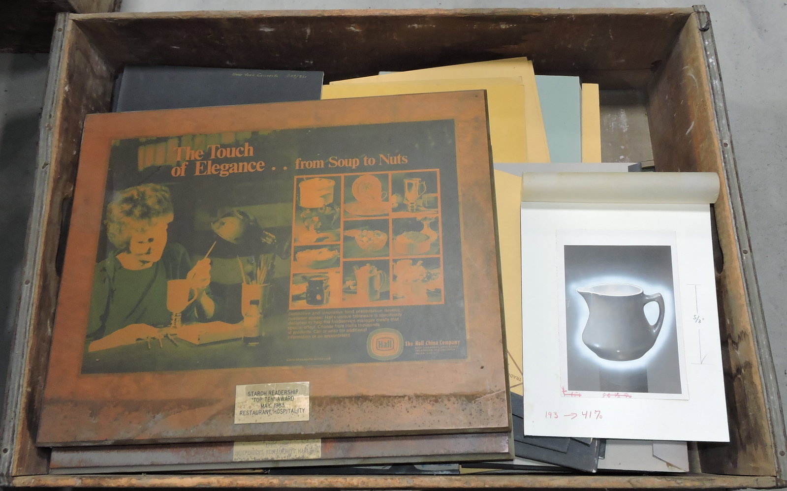 Hall China lot of product photos, plaques,: and ephemera