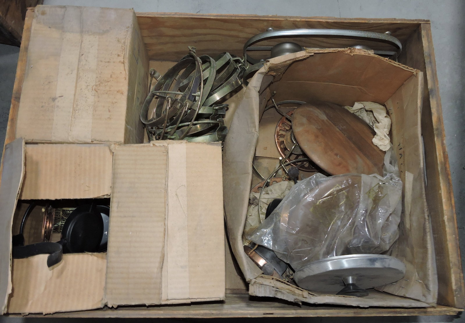 Hall China lot of metalware in wooden dish: crate
