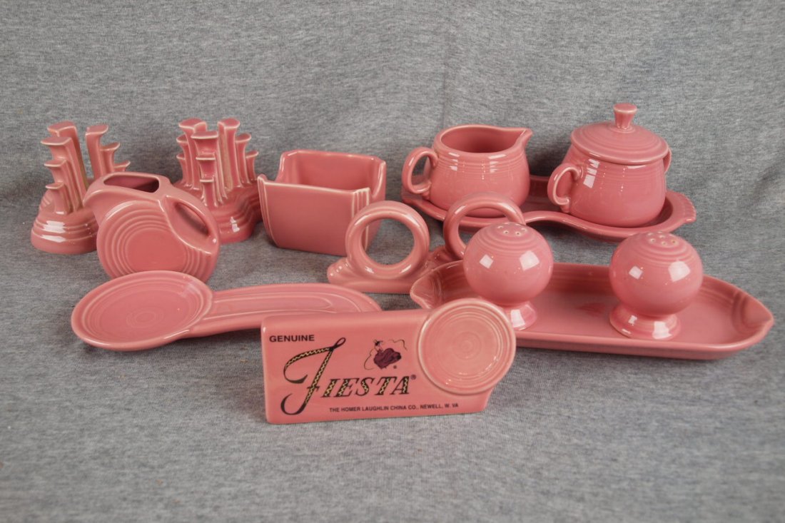 Fiesta Post 86 rose lot of 9 pieces - pair pyram: Fiesta Post 86 rose lot of 9 pieces - pair pyramid candle holders, sweetner packet holder, cream/sugar/tray set, mini disk pitcher, 2 napkin rings, spoon rest, s/p with tray and dealer sign