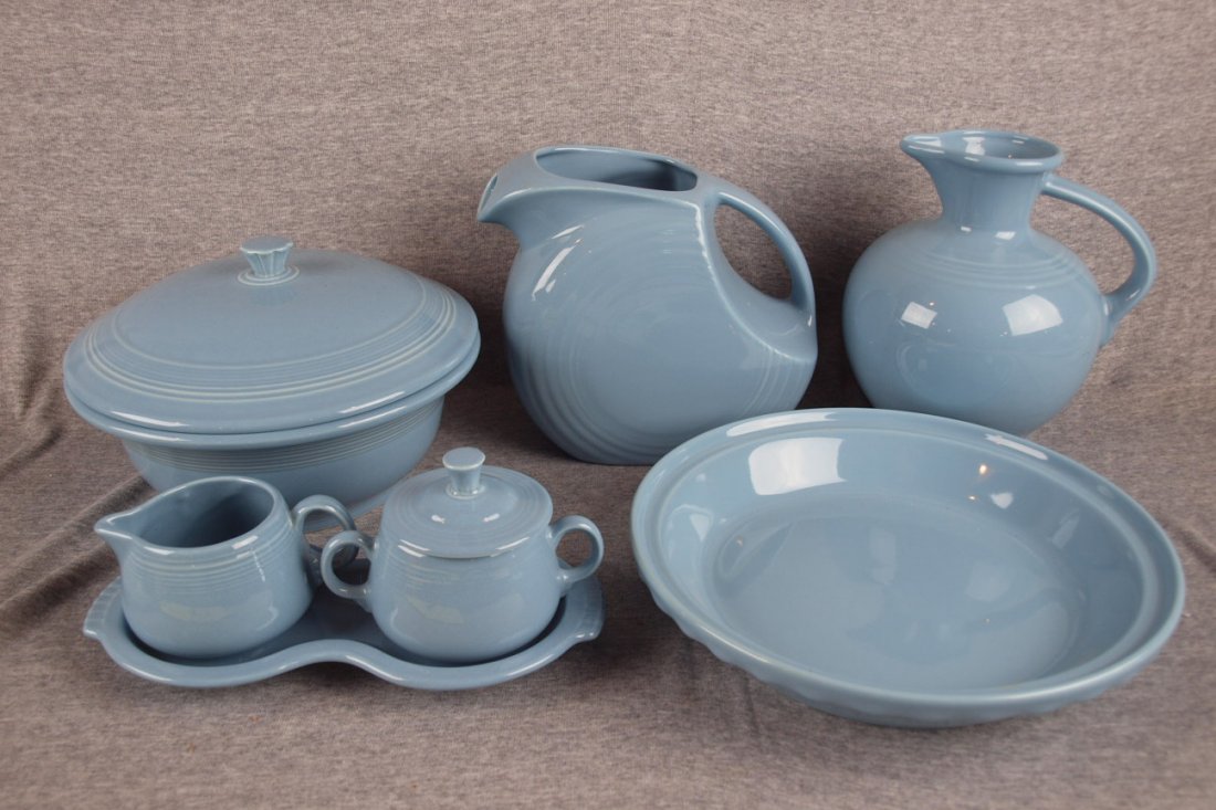 Fiesta periwinkle lot of 5 items - casserole, ca: Fiesta periwinkle lot of 5 items - casserole, carafe, disk water pitcher, cream/sugar/tray, & pie baker