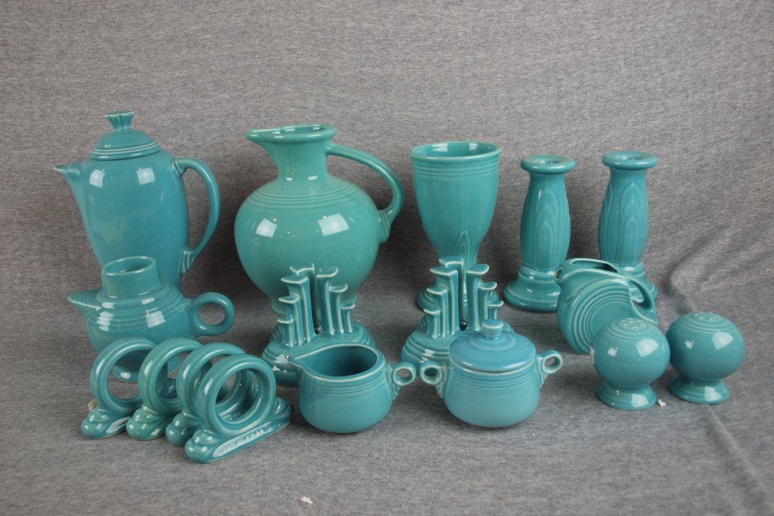 Fiesta turquoise lot of 10 pieces - coffee serv: Fiesta turquoise lot of 10 pieces - coffee server, carafe , pair tapered and pyramid candle holders, candle teapot, mini disk pitcher, set of 4 napkin rings, mini cream/sugar and s/p