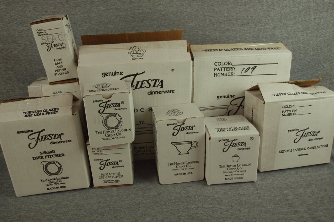 Fiesta seamist lot of 10 NIB pieces - butter di: Fiesta seamist lot of 10 NIB pieces - butter dish, s/p, casserole, large mixing bowl, disk juice pitcher, 2 mini disk pitchers, sugar, creamer and pair tapered candle holders