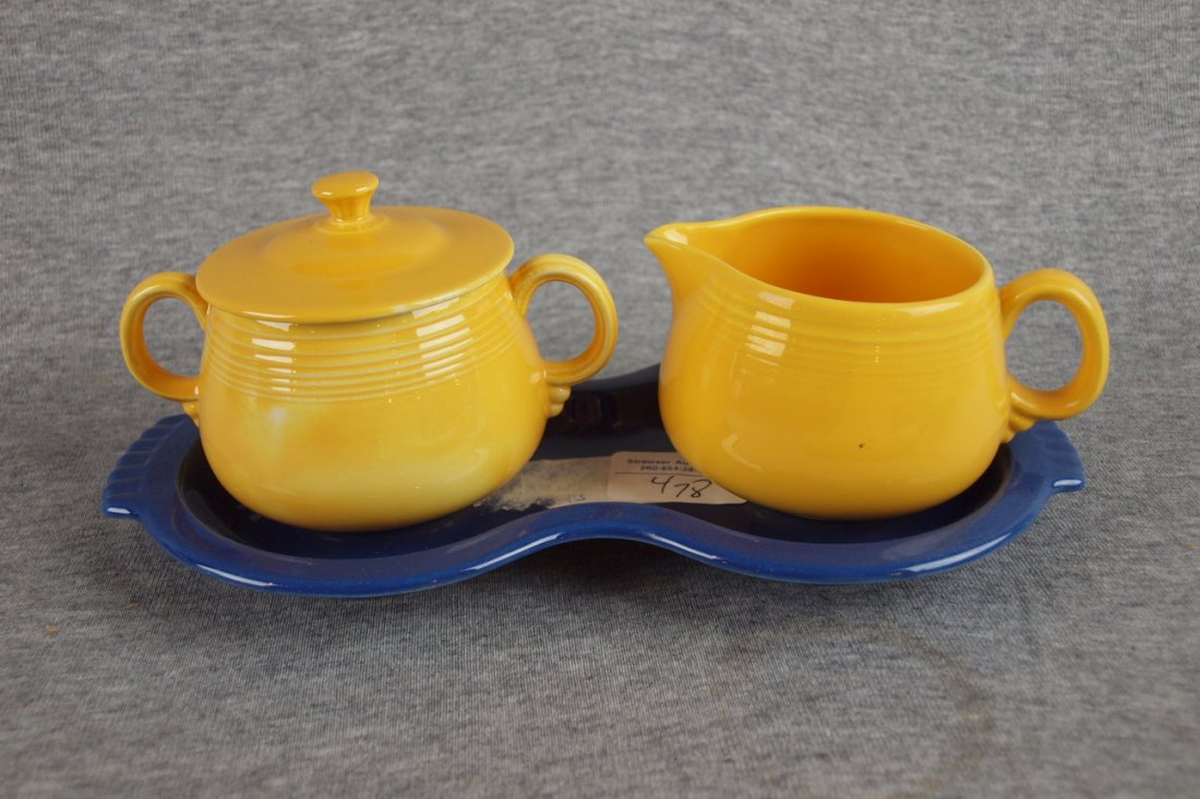 Fiesta individual yellow cream and sugar with co: Fiesta individual yellow cream and sugar with cobalt figure 8 tray