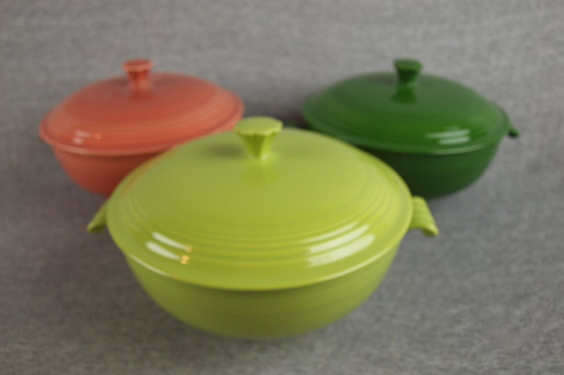 Fiesta casserole group - rose, forest green and : Fiesta casserole group - rose, forest green and chartreuse, nicks and/or chips