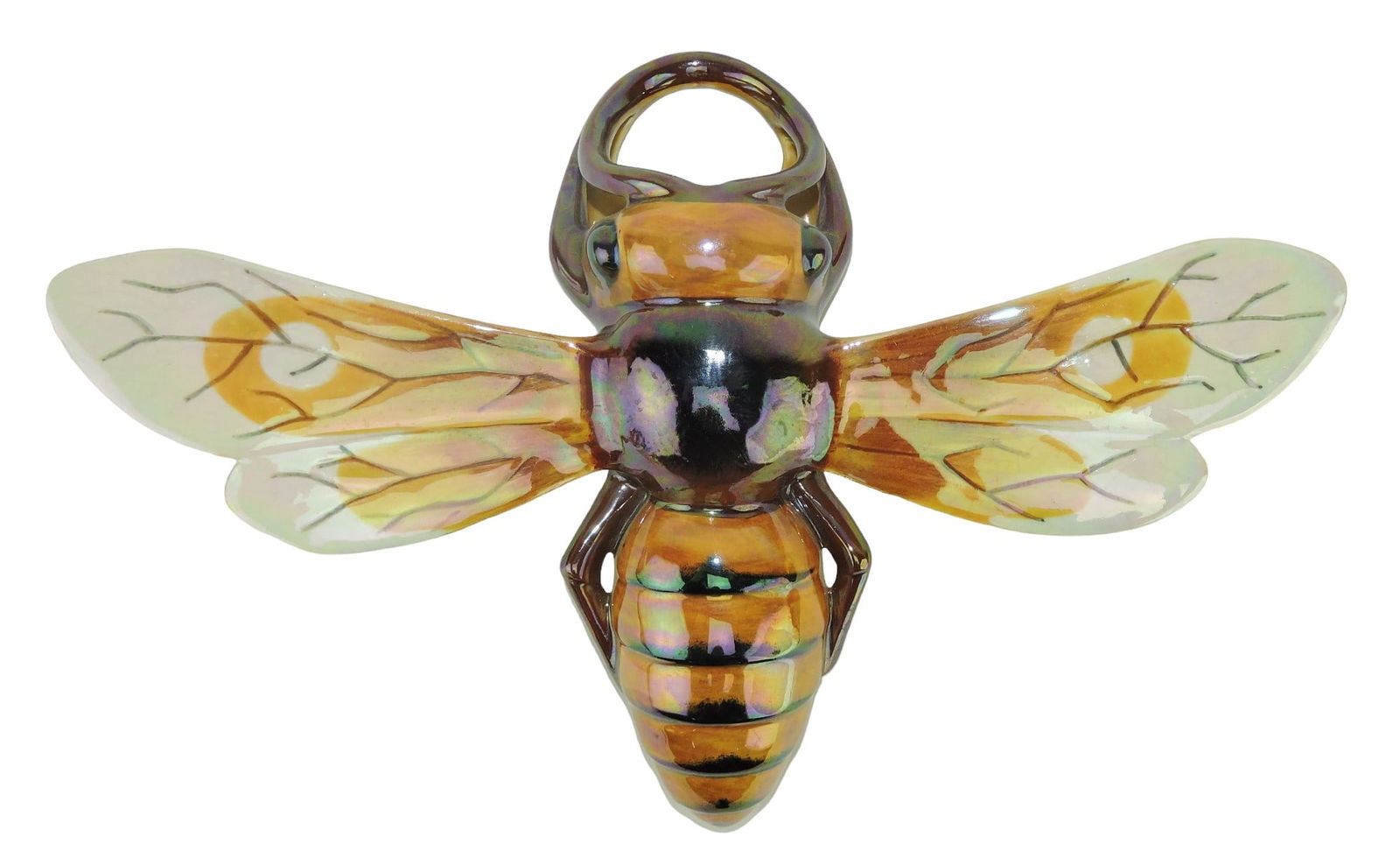 Sarreguemines Bee Wall Pocket: c. 1910 10 1/2" x 14 1/2", shape no. 4402, modelled as a bee, the antennae forming the hanging, all in an iridescent glaze. Catalogued and curated by Nicolaus Boston. Flower Family Collection