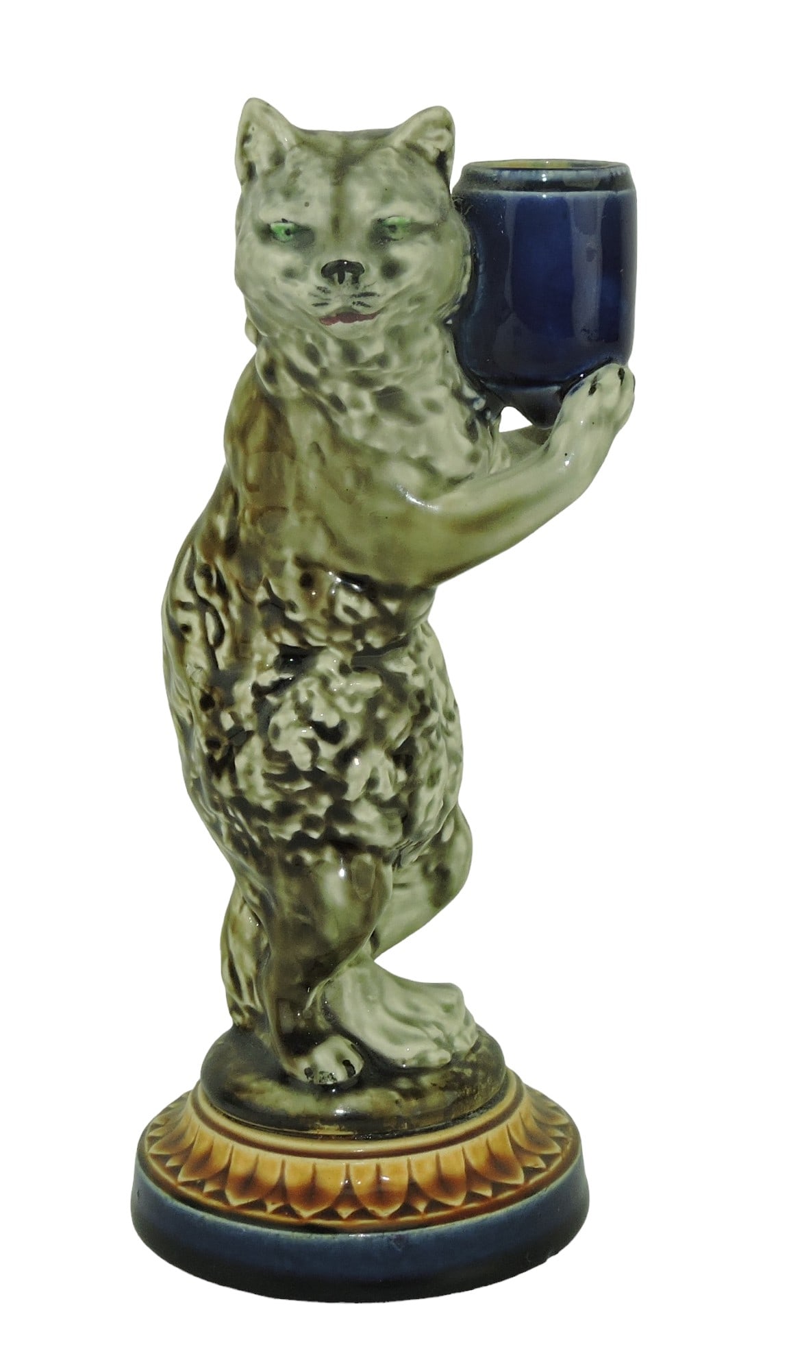 Rare Rare Hippolyte Hautin Boulanger: & Cie Majolica Candle Stick c.1890, 8", modelled as an upright cat holding a candle holder all upon a circular base. Catalogued and curated by Nicolaus Boston. Flower Family Collection