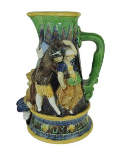 Minton Majolica Tavern Jug, c1865,: 10", the tankard style body with applied revellers in 17th century style dress stood and sat on a wide shelf above the bottom quarter, Shape 487. Catalogued and curated by Nicolaus Boston. Flower Fami