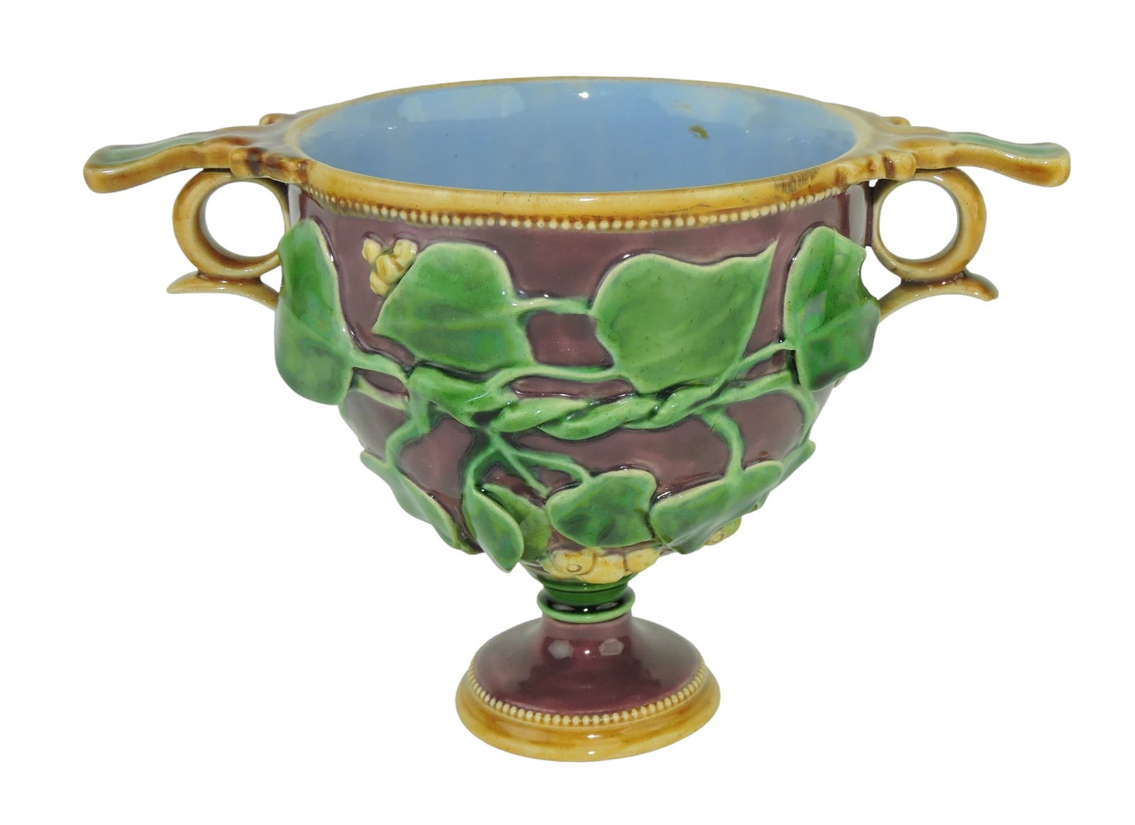 Rare Minton Majolica Roman: Posy Vase c.1865 4 1/4", designed as an ancient Roman wine cup, the body decorated with large vines and grapes. Catalogued and curated by Nicolaus Boston. Flower Family Collection