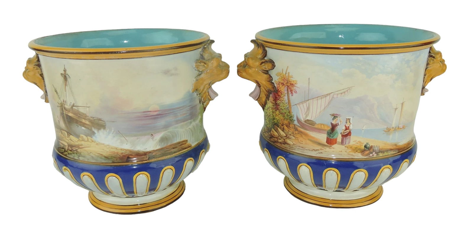 Rare Pair of Minton Majolica: Wine Coolers c.1865 8 1/4"h, 10 1/2"w, each with beautifully painted scenes of Lake Como, Italy, with twin cat head handles, all upon a circular pedestal base. Catalogued and curated by Nicolaus Bosto