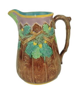 Very Rare Copeland Majolica Oak Jug,: 7", c.1867, designed as wooden fence with acorns and oak leaves with a branch handle. Only known example. Catalogued and curated by Nicolaus Boston. Flower Family Collection This example is