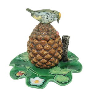 Very Rare Minton Majolica Ink Well: and Cover c.1875, 5 1/2", shape no. 1325, modeled as an upright pinecone, the upper quarter surmounted by a bird forming the lid, all on a shaped edge circular tray with a branch and leaves forming th