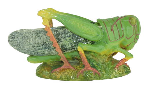 Rare Majolica Grasshopper Planter: c.1890, 7 1/2"h, 14 1/2"l, modelled as an open backed grasshopper upon on an oval grassy base. Probably Delphin Massier. Catalogued and curated by Nicolaus Boston. Flower Family Collection