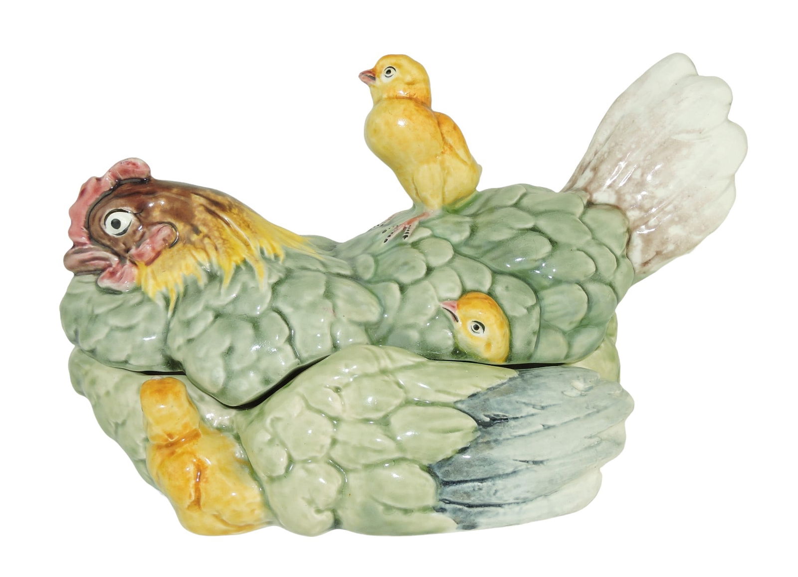 Charming George Dreyfus Majolica: Box & Cover c.1890, 6 1/2"h, 11"l, modelled as a chicken with attendant chicks. Catalogued and curated by Nicolaus Boston. Flower Family Collection