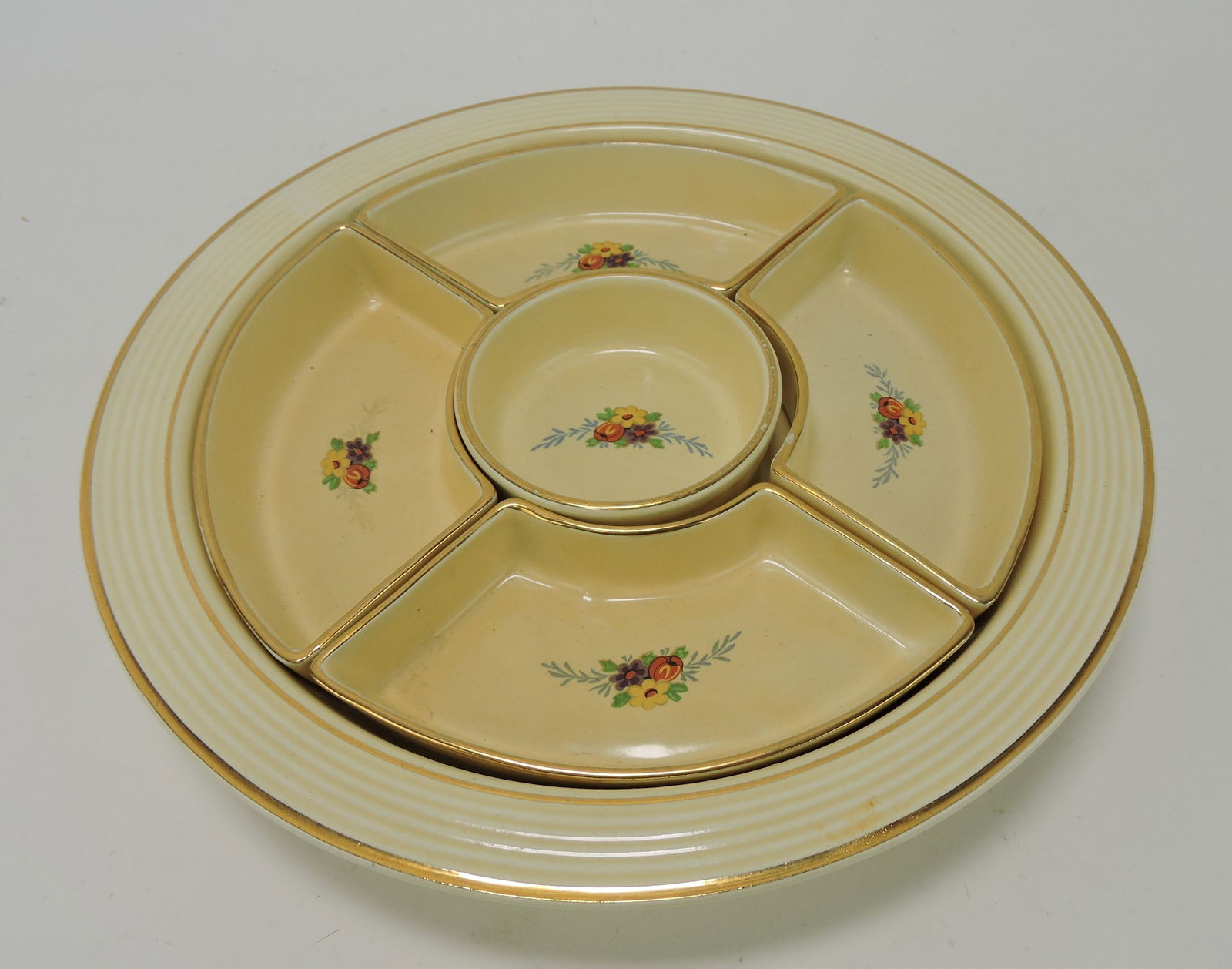 Fiesta relish tray, ivory with gold trim (1 of 1)