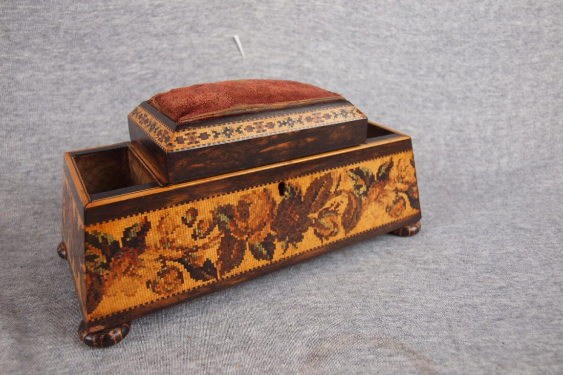 Tunbridge covered sewing box with hinged lid, 9"l : Tunbridge covered sewing box with hinged lid, 9"l