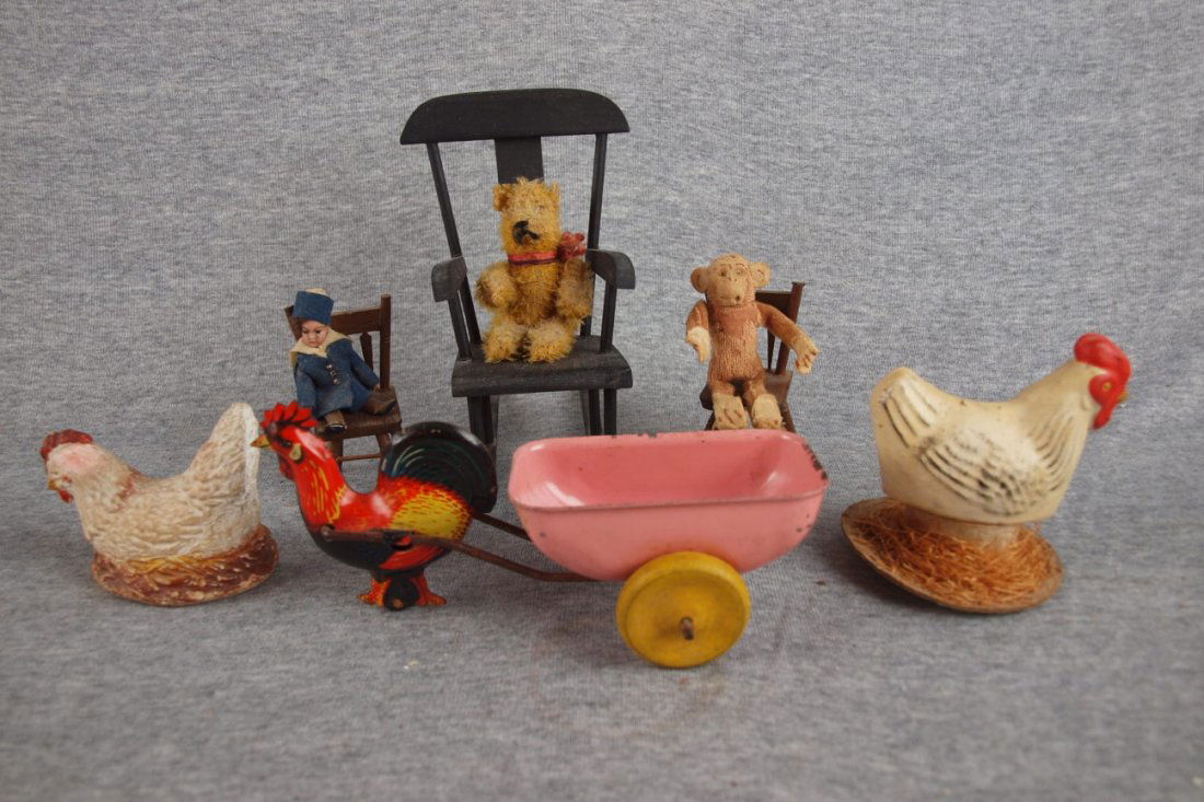 Lot of 6 miniatures - bisque doll and chair, join: Lot of 6 miniatures - bisque doll and chair, jointed teddy bear and rocker, monkey with chair, 2 hens and rooster with card