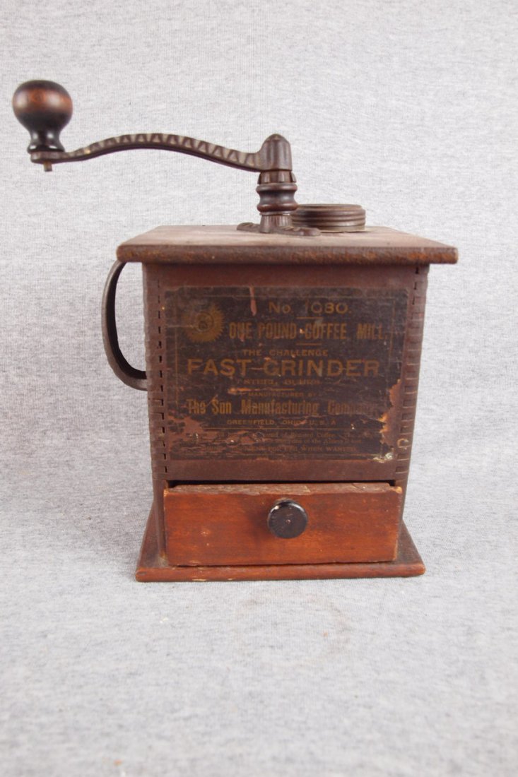 Sun Mfg Co. No. 1080 wood coffee grinder with labe: Sun Mfg Co. No. 1080 wood coffee grinder with label