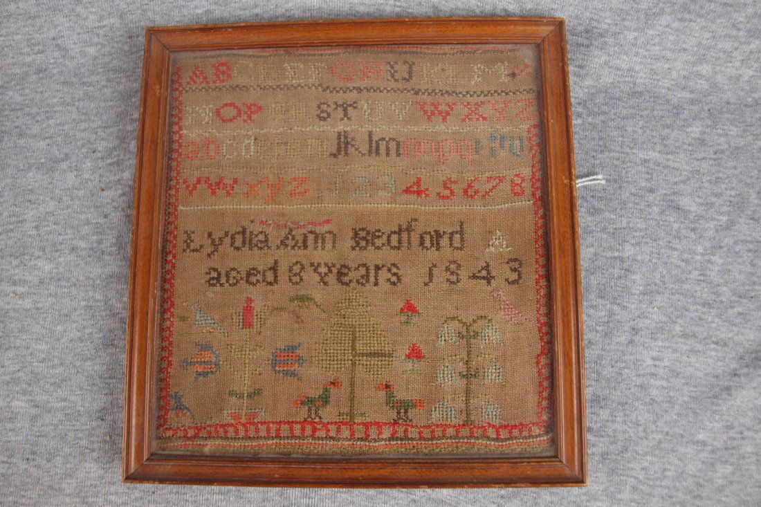 Sampler dated 1843, "Lydia Ann Bedford" with lett: Sampler dated 1843, "Lydia Ann Bedford" with letters, numbers, birds and trees, framed, 8" x 8"