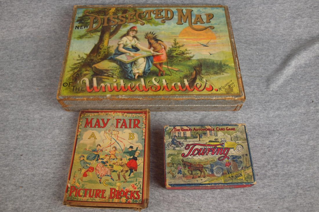 McLoughlin Bros "Dissected Map of US", Mayfiar pi: McLoughlin Bros "Dissected Map of US", Mayfiar picture blocks and Touring card game