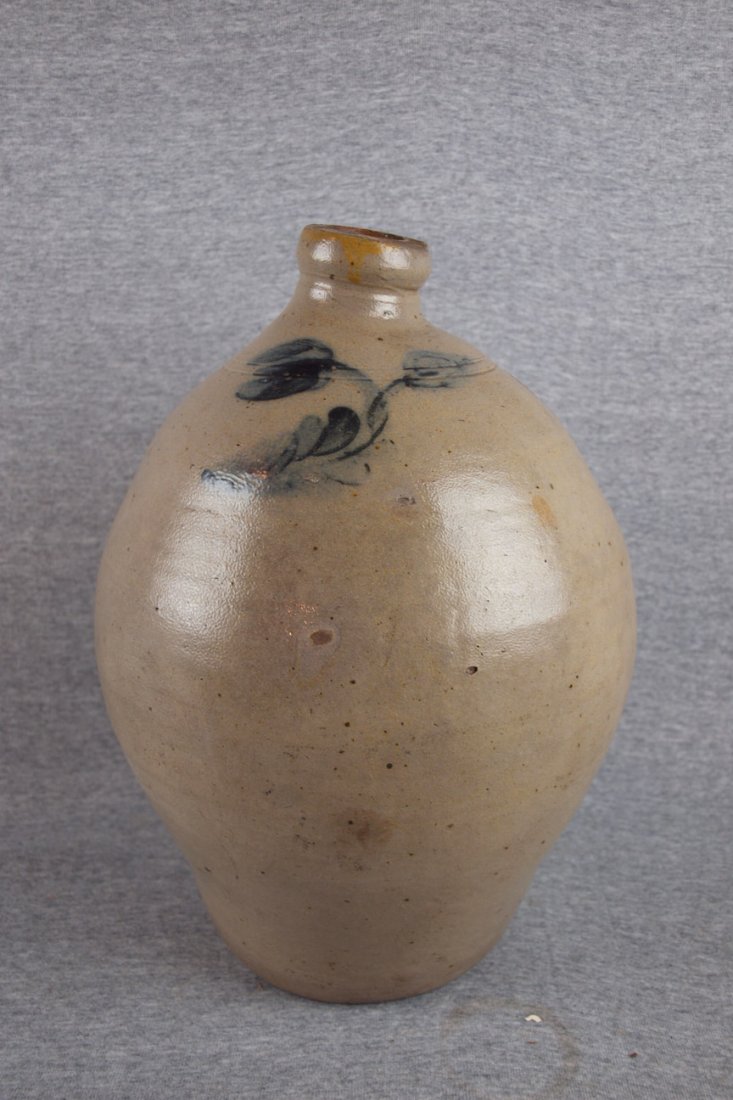 Salt glaze stoneware ovoid jug with blue floral m: Salt glaze stoneware ovoid jug with blue floral mark, 13 1/2"