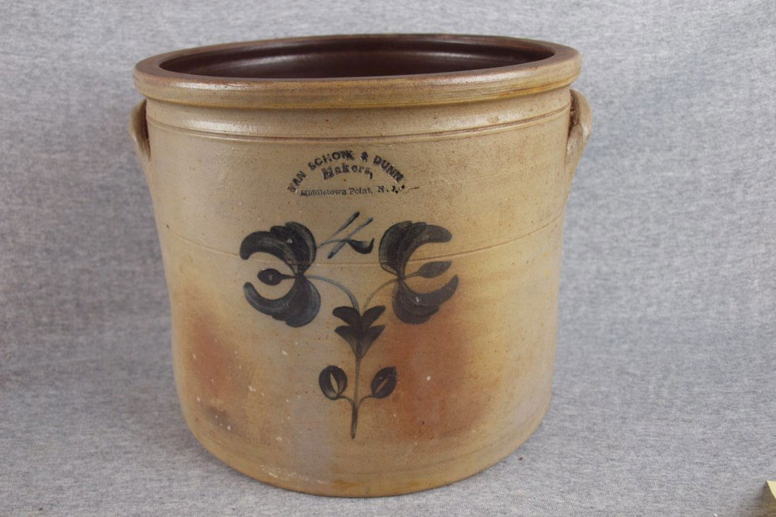 Salt glaze stoneware 4 gallon crock with blue flo: Salt glaze stoneware 4 gallon crock with blue floral mark, "VanSchoik & Dunn, Middletown Point, NJ", hairline
