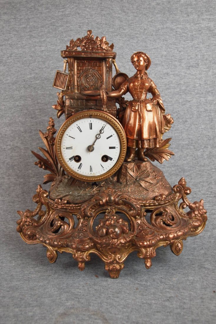 French figural clock with lady with fish at firep: French figural clock with lady with fish at fireplace harth, no crystal, 13"