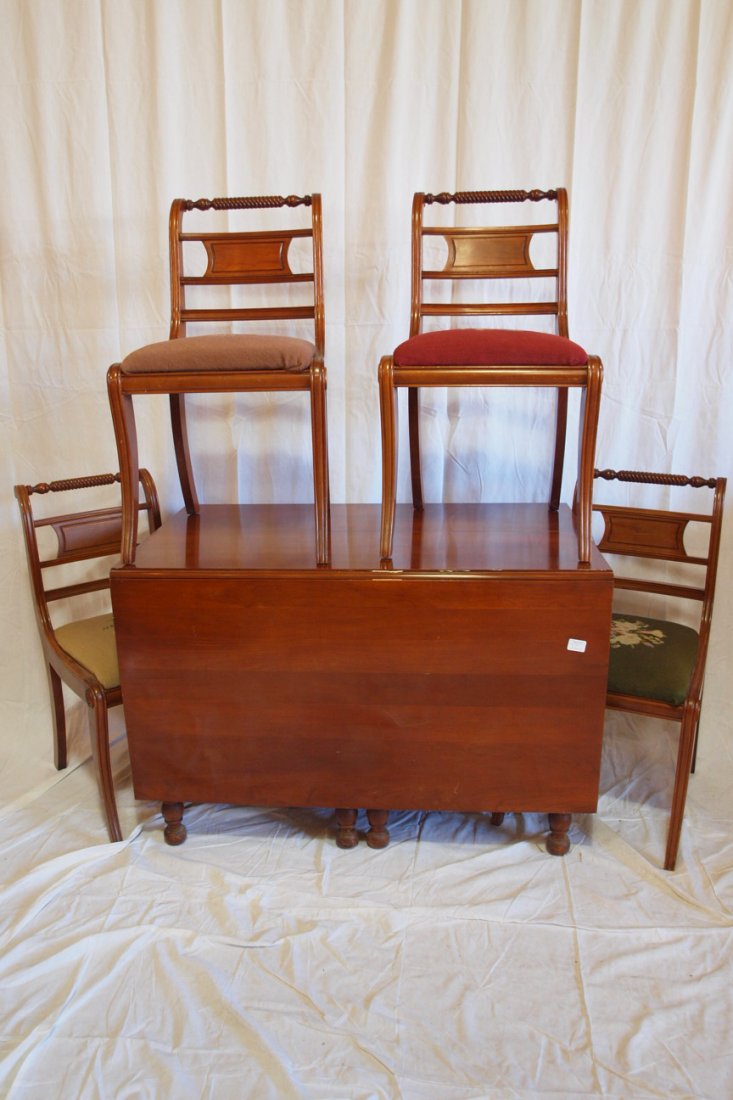 Willett cherry drop leaf Duncan Phyfe drop leaf t: Willett cherry drop leaf Duncan Phyfe drop leaf table with one leaf, pads and 4 matching chairs with needle point seats, rope twist legs