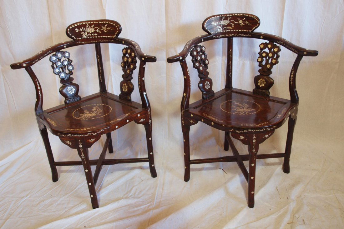 Asian Oriental pair of corner chairs with MOP inla: Asian Oriental pair of corner chairs with MOP inlay