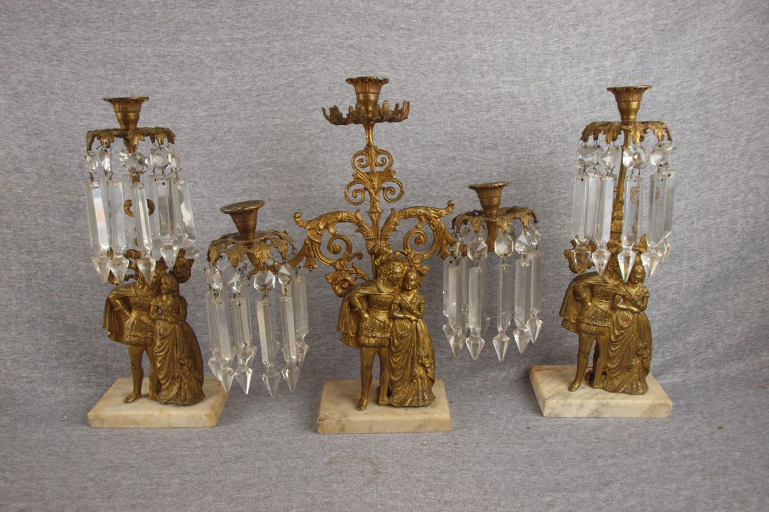 Cast brass 3 piece garniture set with prisms and: Cast brass 3 piece garniture set with prisms and marble base, 15"