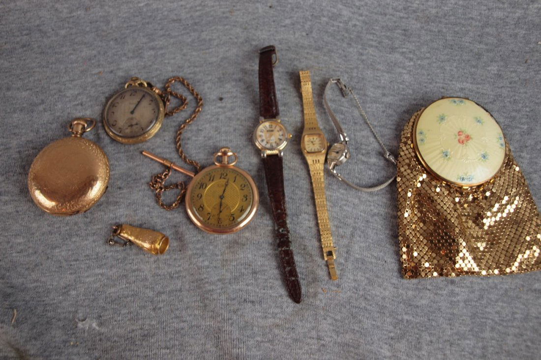 Lot of watches and beaded bag - 2 Waltham and 1 E: Lot of watches and beaded bag - 2 Waltham and 1 Elgin pocket watches, 3 wrist watches - Gitano, Pulsar and Bulova, watch chain and fob