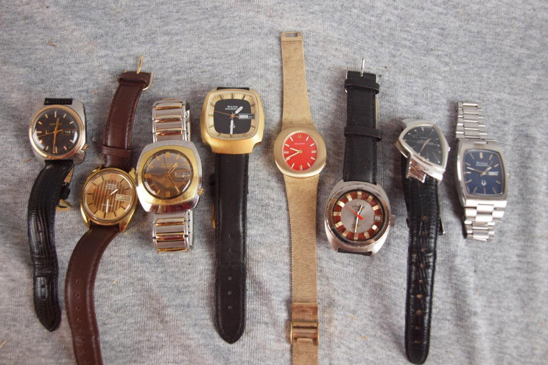 Lot of 8 vintage men's wrist watches - rare Etern: Lot of 8 vintage men's wrist watches - rare Eterna Kontiki tuning fork watch, Hamilton Ventura, Omega 300 Hz, Accutron 2312, 4-Accutron 218