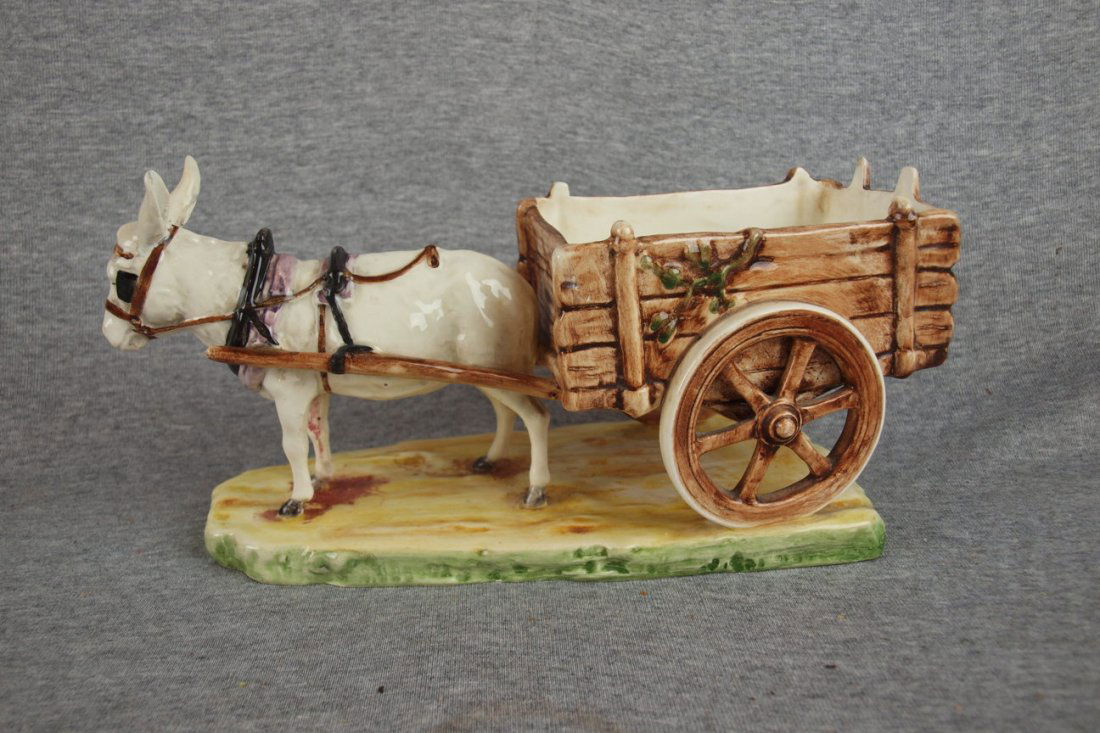 Majolica donkey with cart sweet meat server, 12"l: Majolica donkey with cart sweet meat server, 12"l