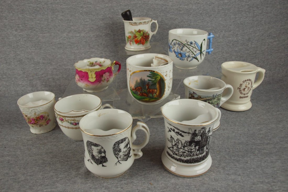 Lot of 10 mustache cups and shaving mugs, some we: Lot of 10 mustache cups and shaving mugs, some wear and nicks
