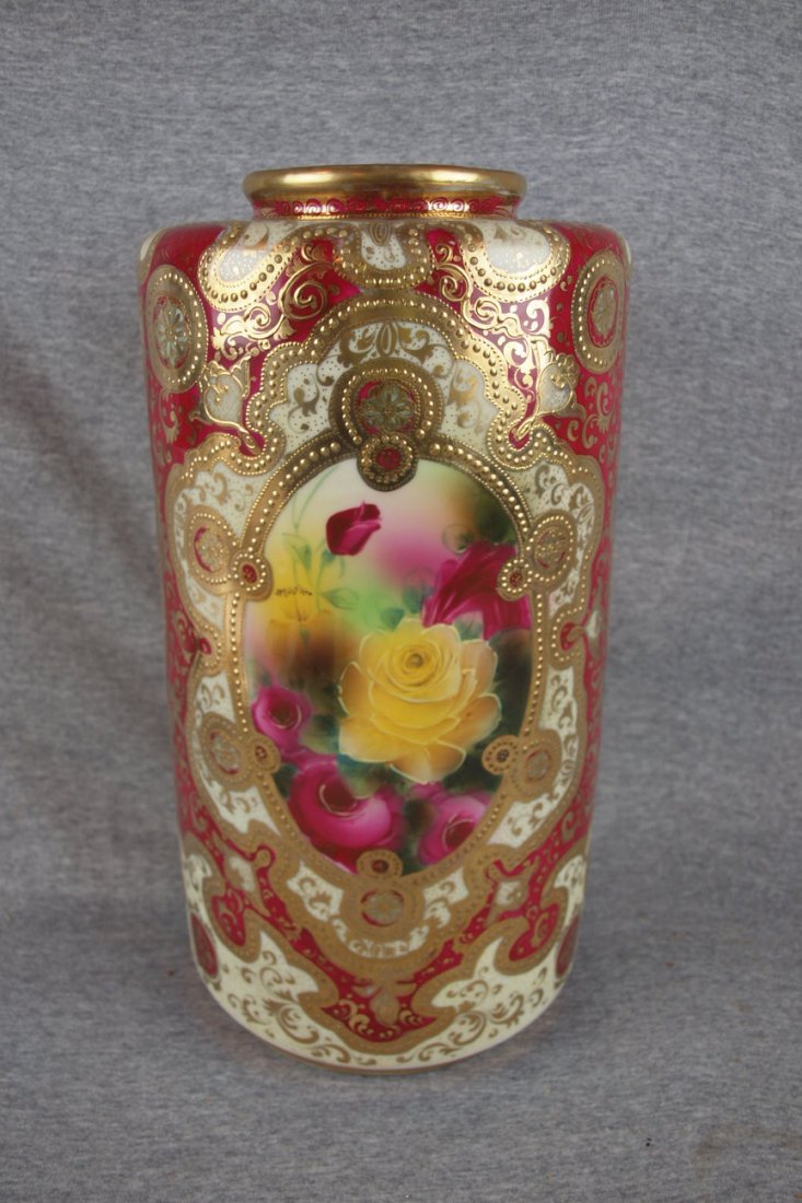 Nippon monumental cylinder vase with roses and he: Nippon monumental cylinder vase with roses and heavy gold decor, 15"