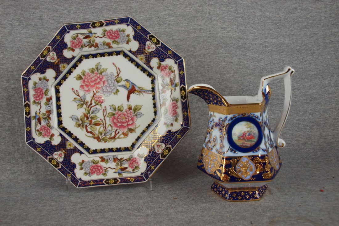 KPM marked 6 1/4" pitcher with scene of couple wi: KPM marked 6 1/4" pitcher with scene of couple with blue and gold decor AND porcelain bird and floral plate, unmarked, 10 1/4"