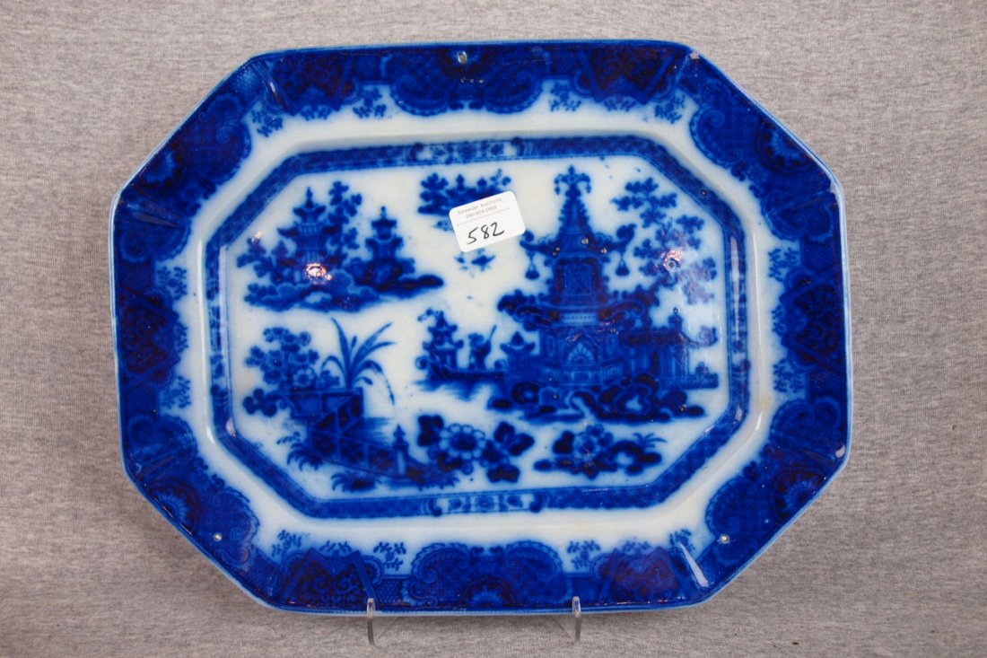 Flow blue "Temple" platter, 16": Flow blue "Temple" platter, 16"